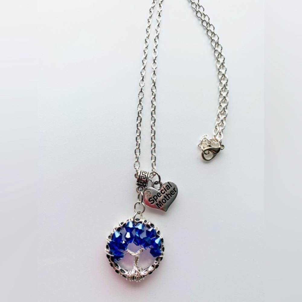 Special Mother Silver and Blue Crystal Beaded Tree Pendant Necklace